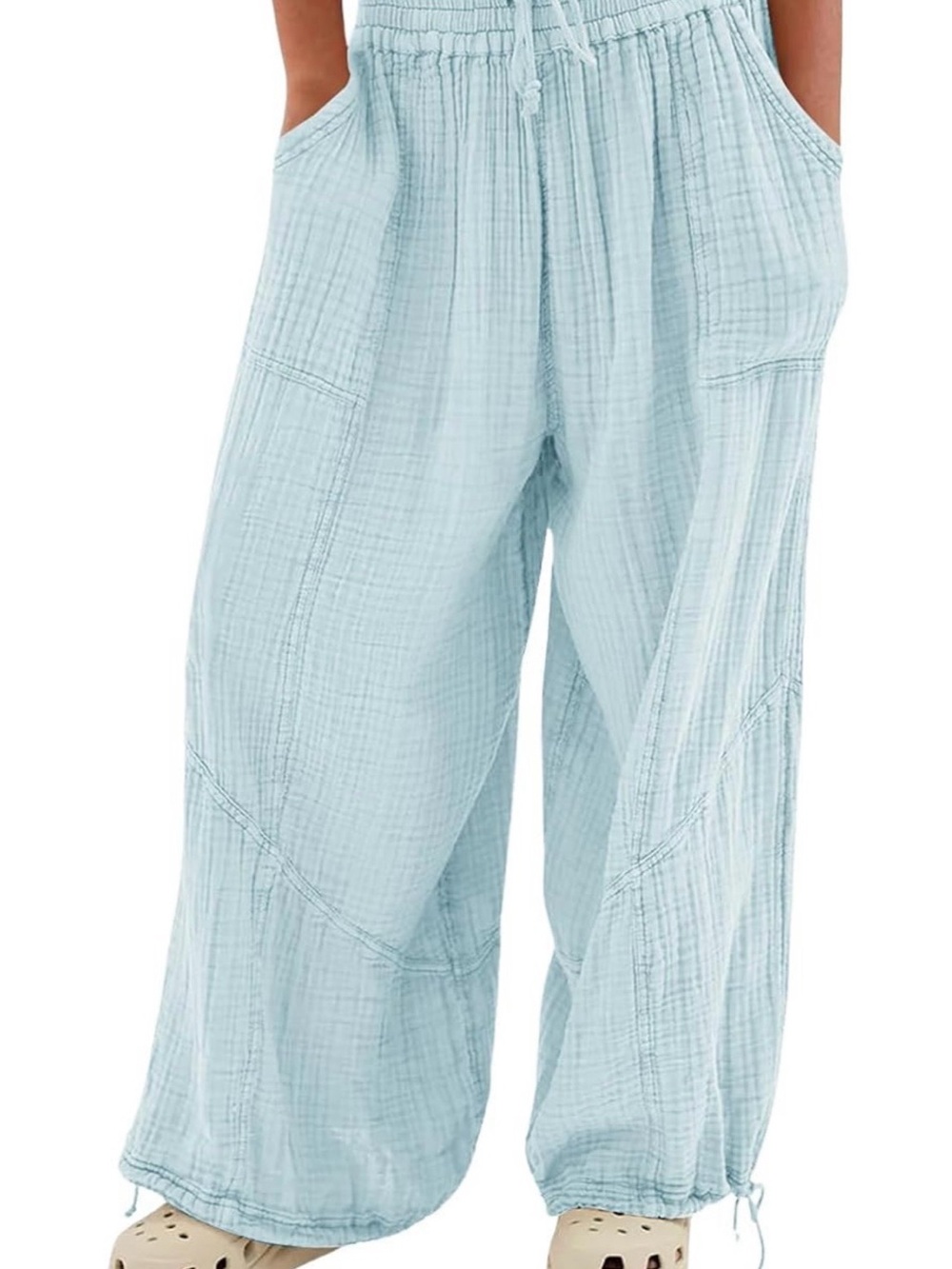 Amazon Light Blue gauze print Drawstring Wide-Leg Cotton Pants - Picture 2 of 4